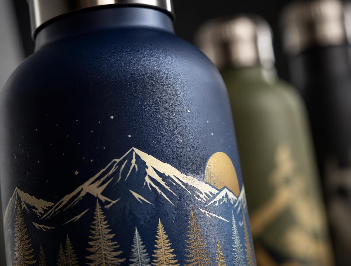 Close-up of a navy stainless steel water bottle with a crisp printed design on its curved surface