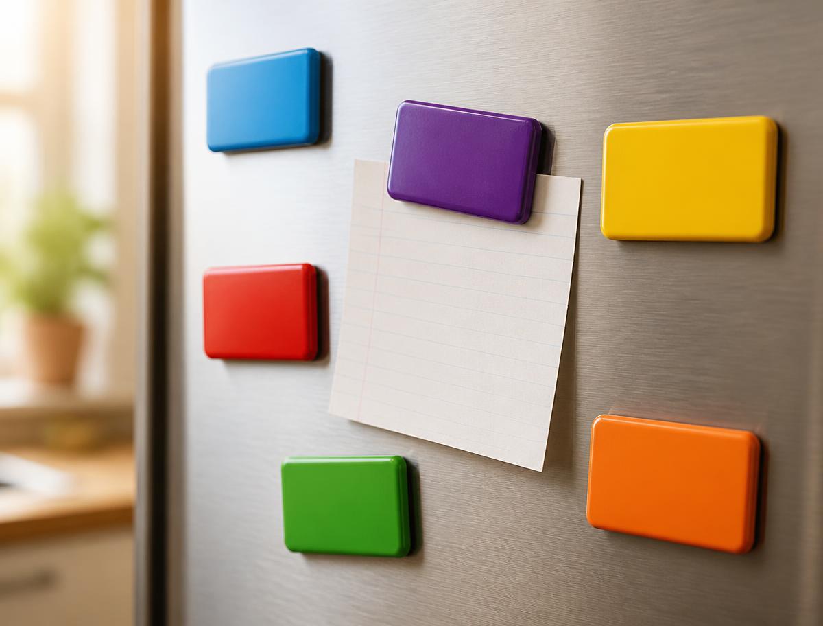 Colorful promotional refrigerator magnets on a stainless steel fridge door, one holding a paper note