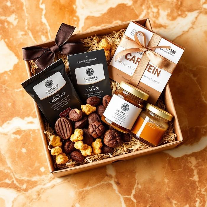 Corporate gift box with chocolates, nuts, caramel popcorn and honey