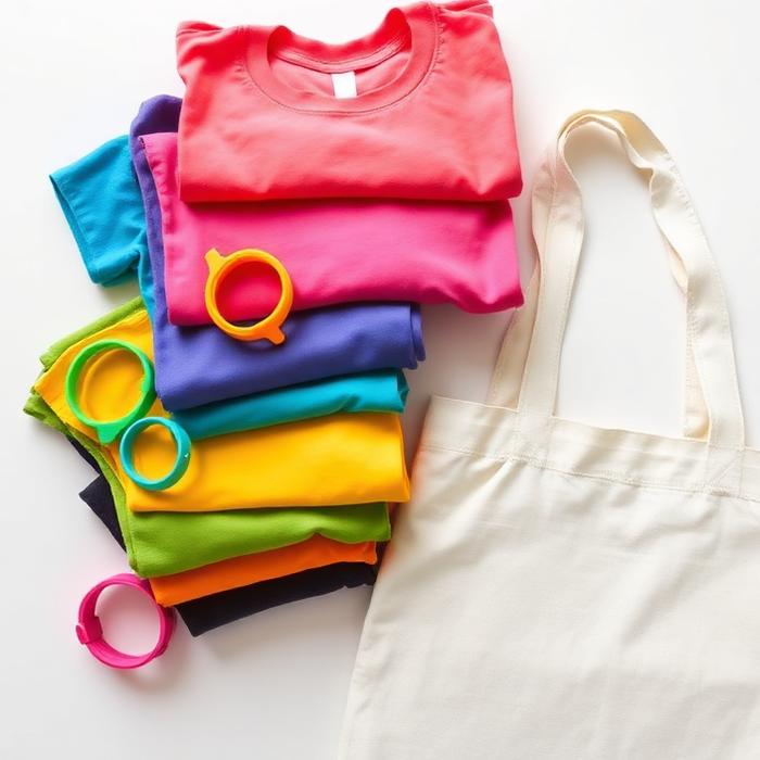 Stacked colorful t-shirts, silicone wristbands and a canvas tote