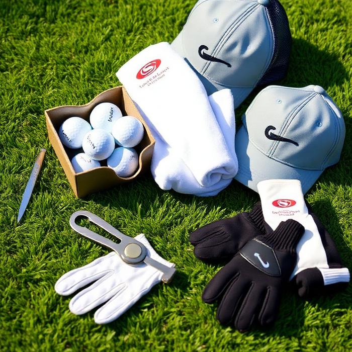 Golf balls, divot tool, towel, cap and gloves on turf