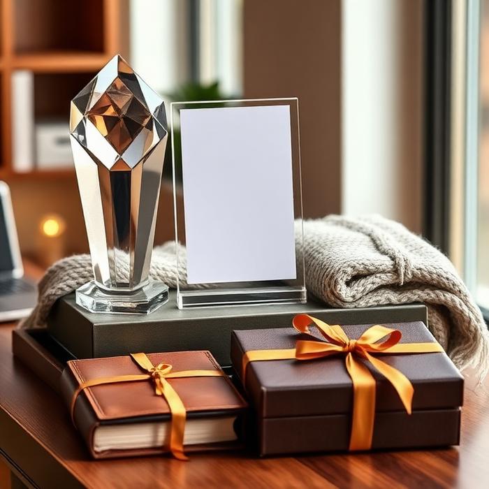 Crystal award, blanket, leather journal and ribboned gift boxes on a desk