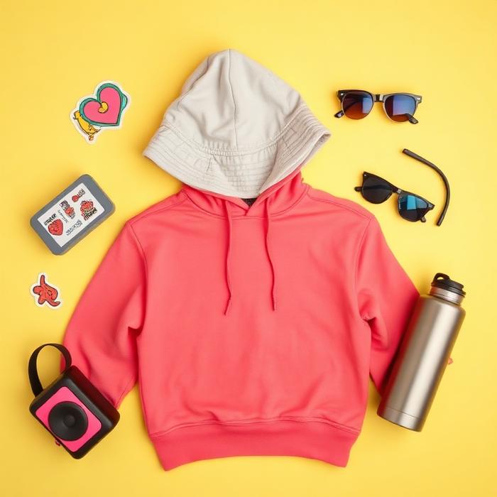 Hoodie, bucket hat, sunglasses, speaker and water bottle flat lay