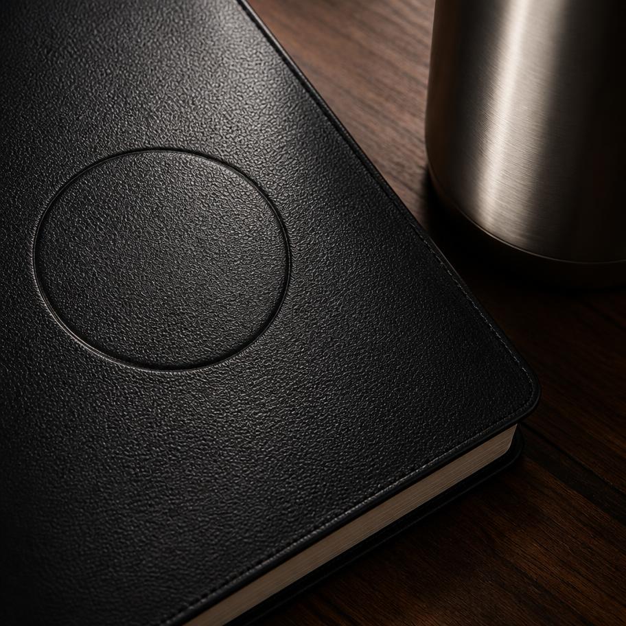 Blind-debossed detail on a black leather journal beside a brushed stainless tumbler