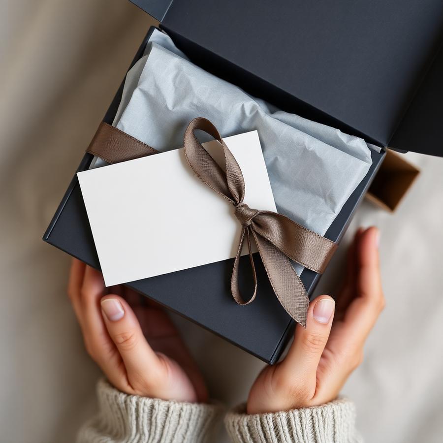 Branded gift box packed with tissue paper, a tumbler and folded apparel ready to ship