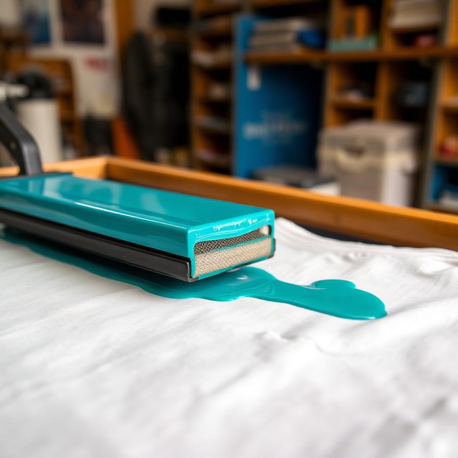 Screen printing squeegee pulling teal ink across a mesh screen onto a cotton tee
