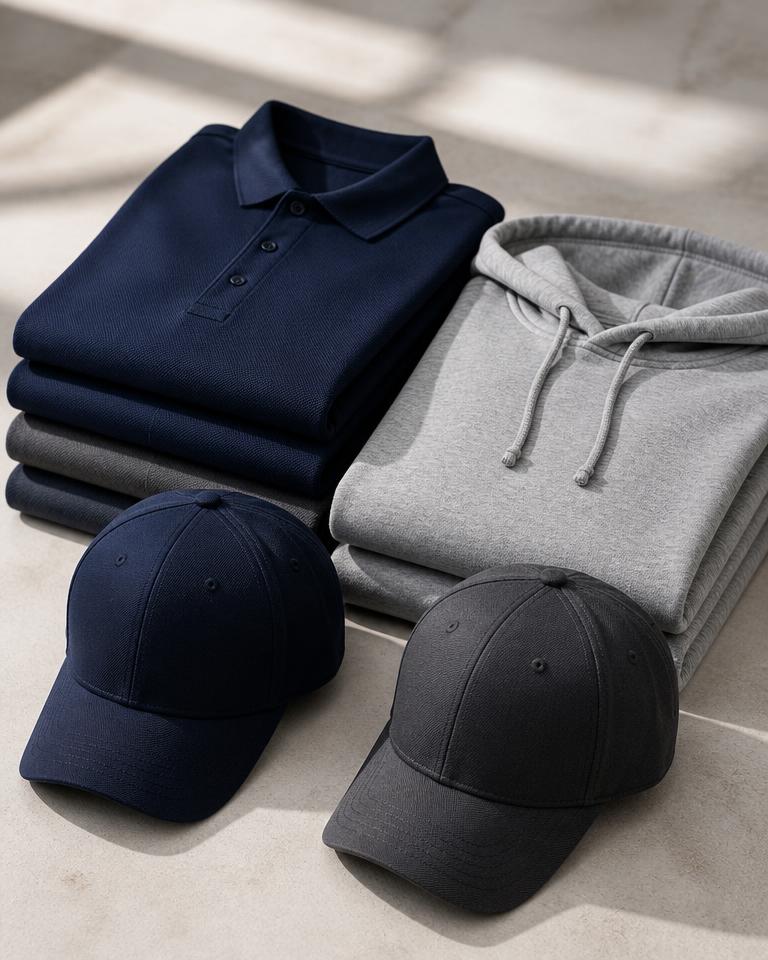 Folded branded polo shirts and embroidered caps