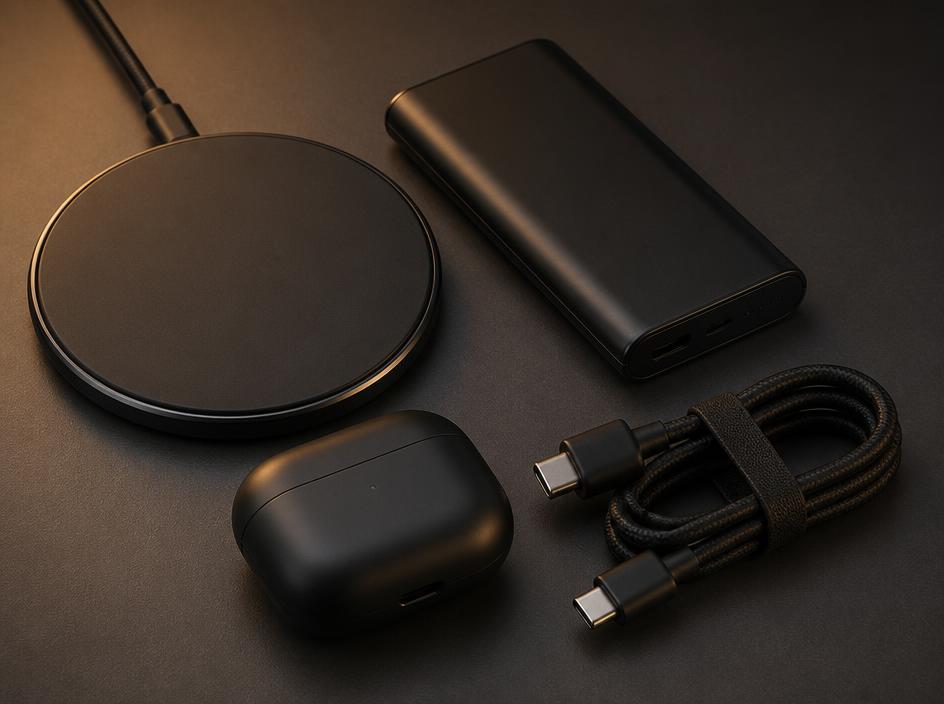 Branded wireless charger, earbuds and power bank