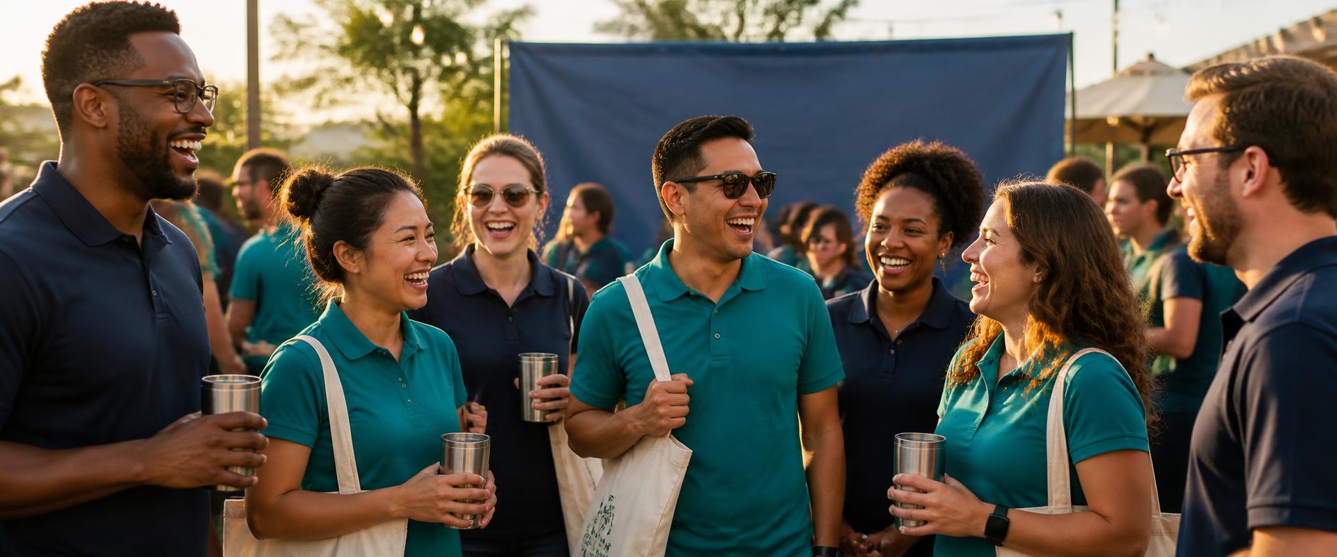 Employees in matching teal and navy branded polos laughing together at an outdoor company event, holding tumblers and tote bags