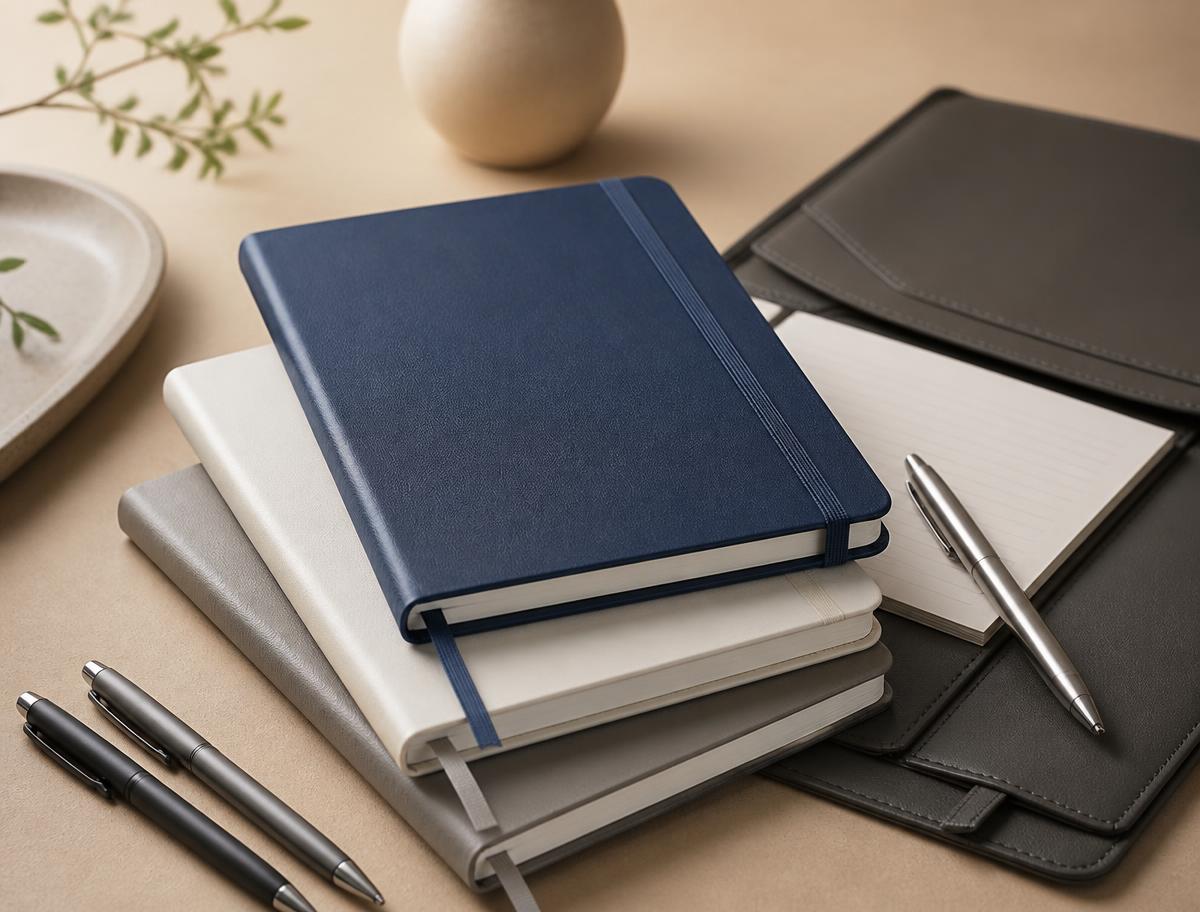 Stacked hardcover journals with metal pens and a leather-look padfolio