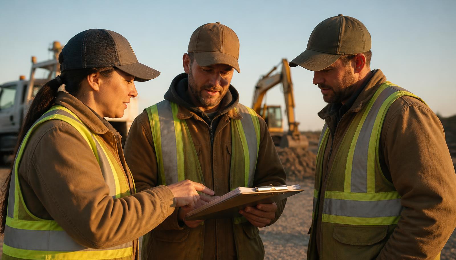 Work crew in branded canvas jackets, hi-vis vests and caps reviewing a clipboard at a job site