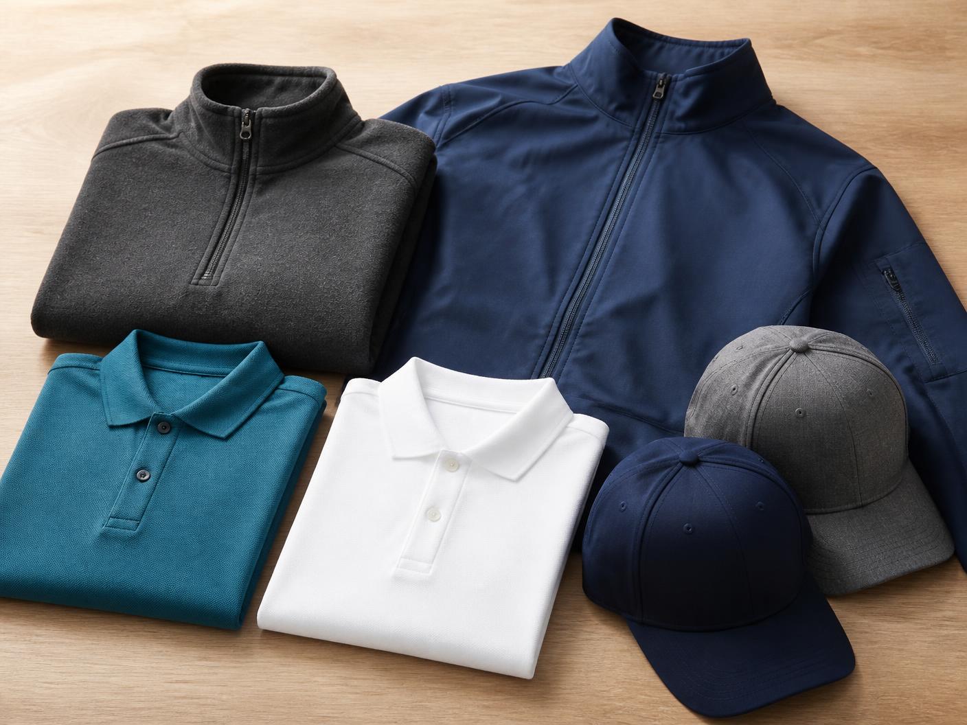 Folded corporate apparel: quarter-zip fleece, softshell jacket, piqué polos and structured caps