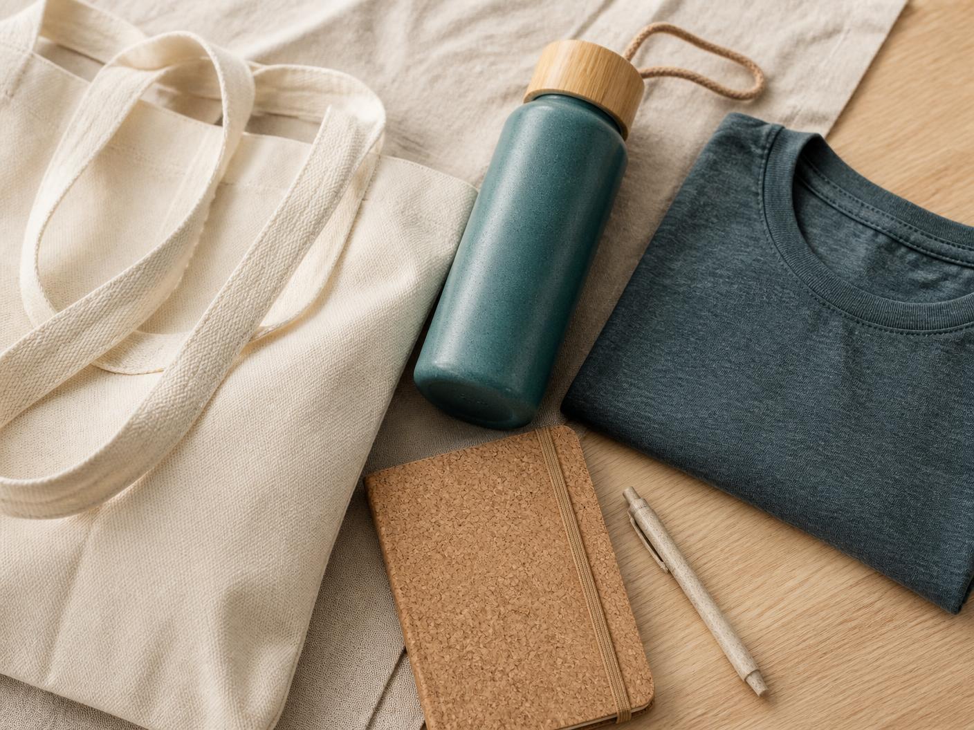 Sustainable swag: recycled cotton tote, cork notebook, bamboo-lid bottle, wheat-straw pen and organic cotton tee
