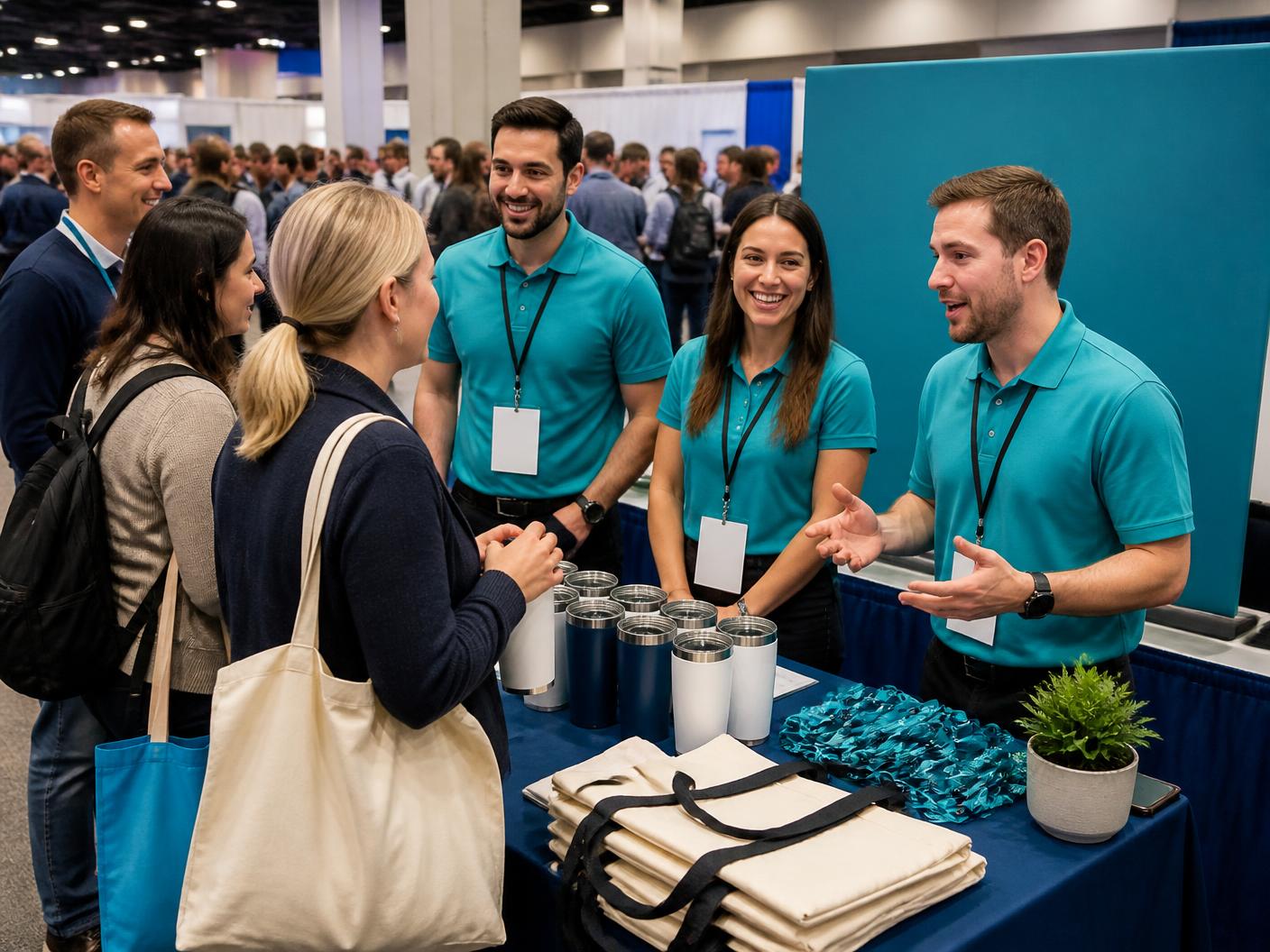 Busy trade show booth with staff in matching teal polos, a giveaway table of totes, tumblers and lanyards