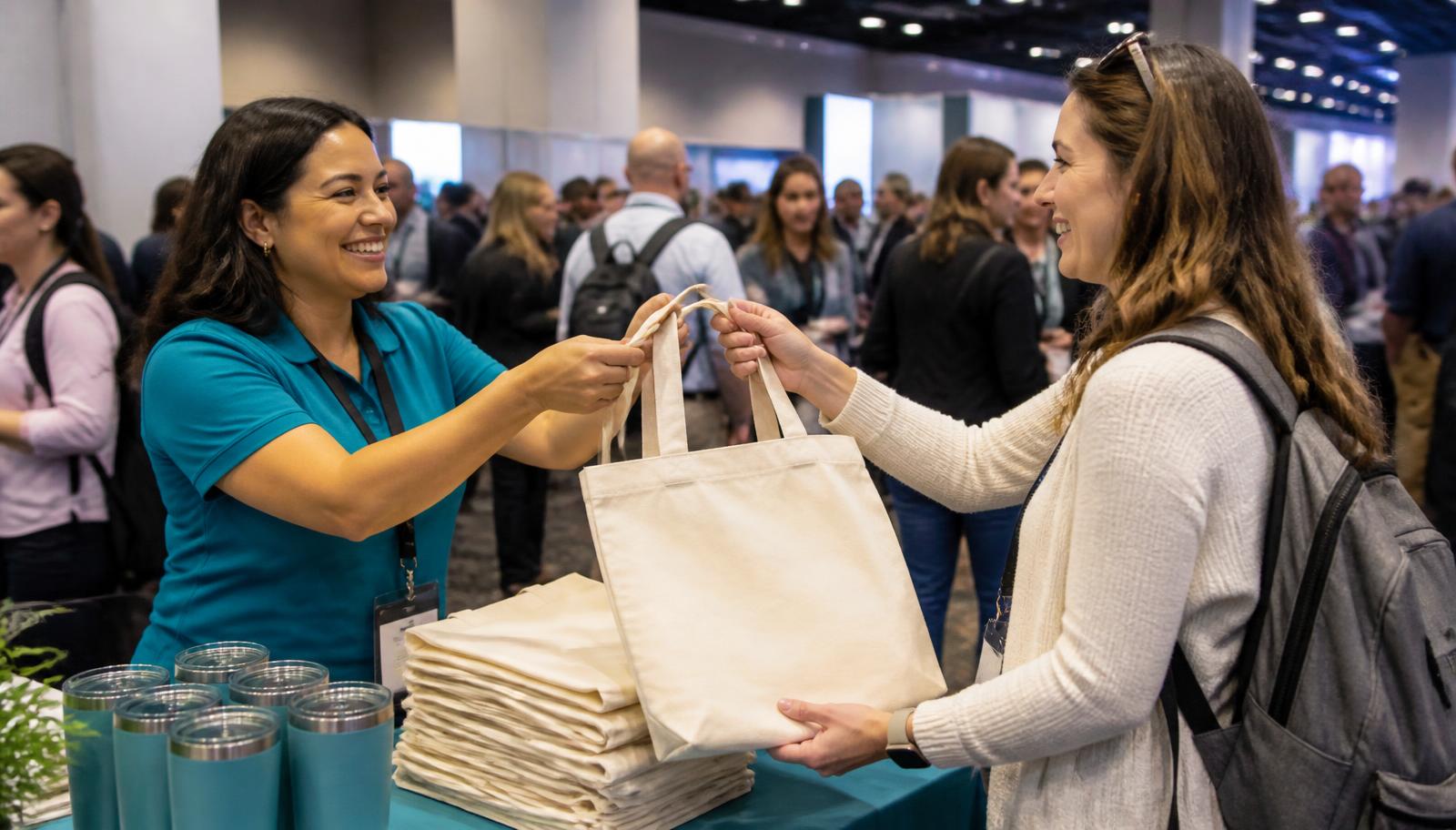 Staff in matching branded polos handing tote bags to attendees at a busy trade show booth