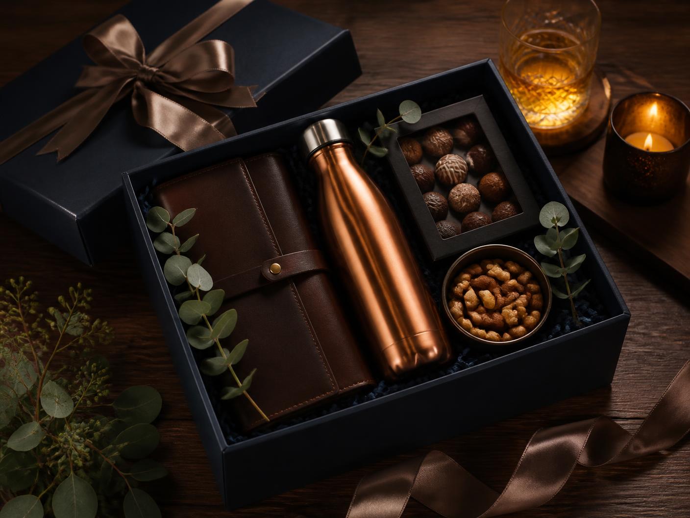 Executive gift set with leather notebook, copper bottle, chocolates and nuts in a ribboned navy box