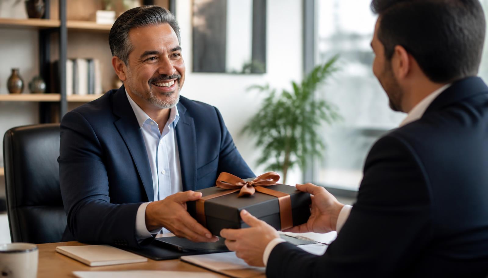 Businessman receiving a ribboned premium gift box from a colleague across a desk