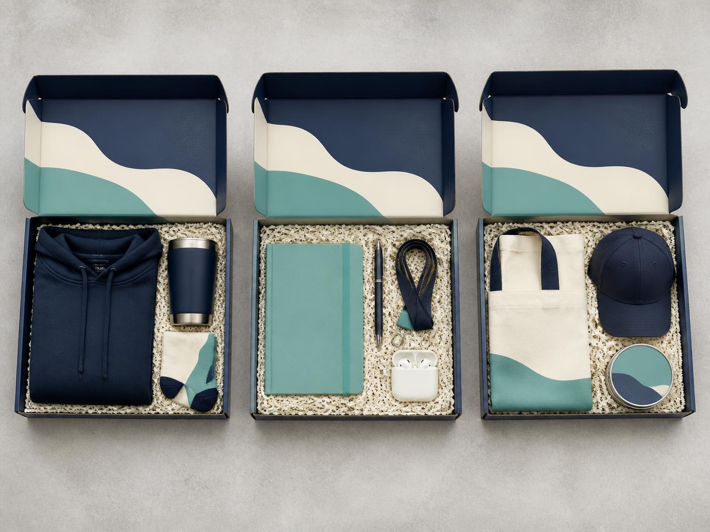 Three open branded swag kits containing a hoodie and tumbler, a notebook and earbuds, and a tote with cap