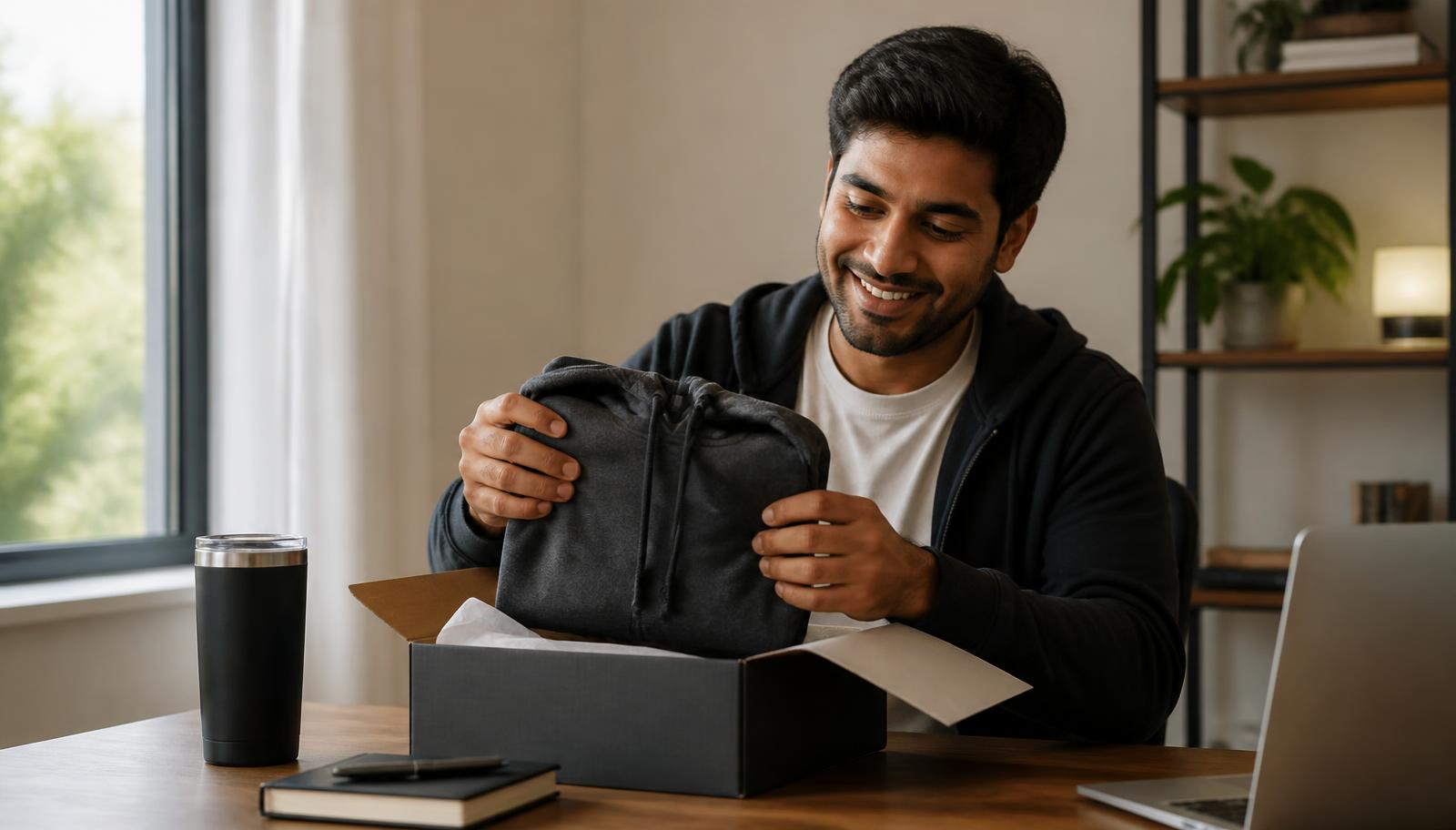 New employee unboxing a welcome kit at his desk, lifting a folded hoodie from a branded mailer box