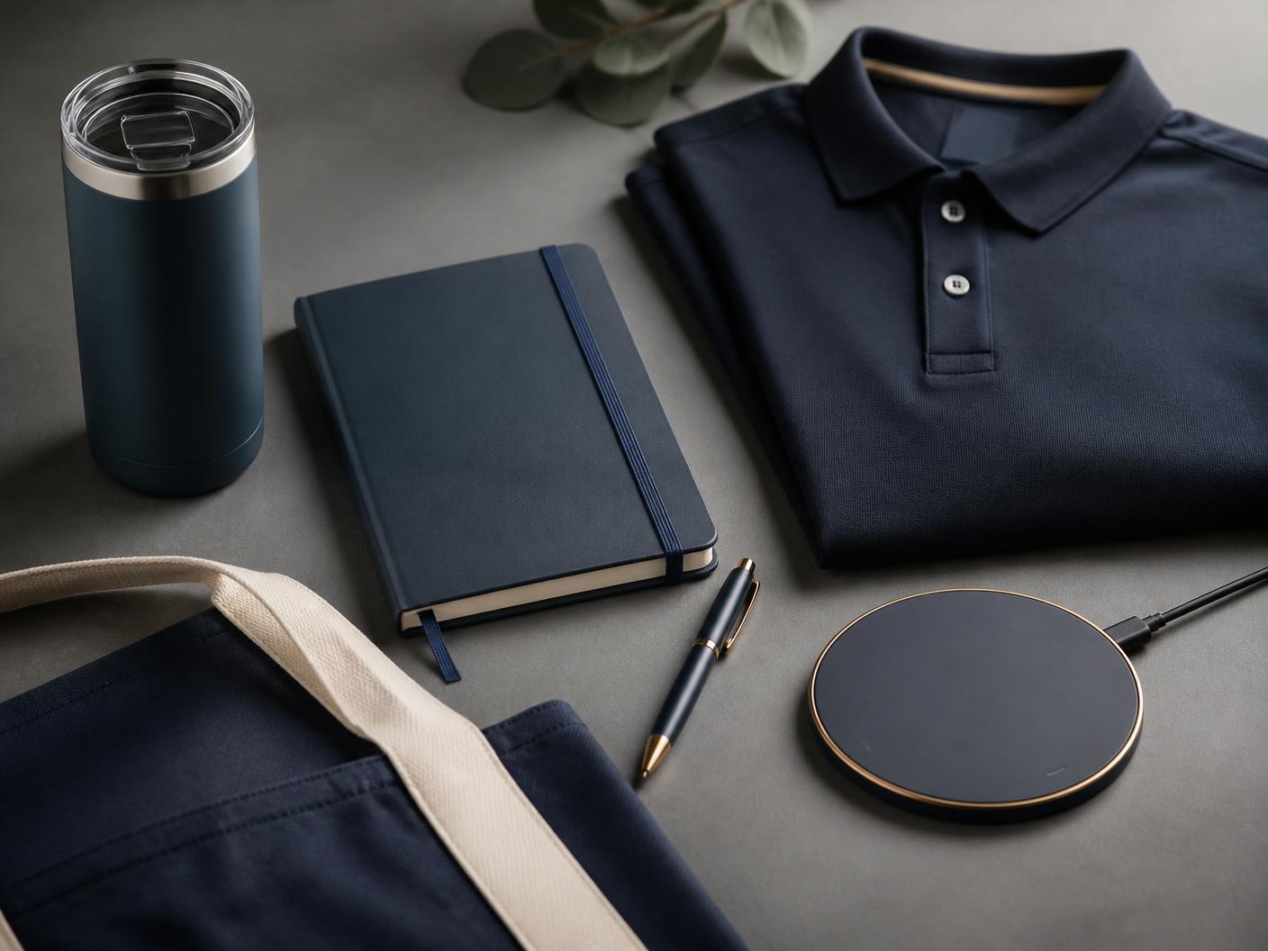 Premium branded merchandise: insulated tumbler, notebook, pen, wireless charger, polo shirt and canvas tote
