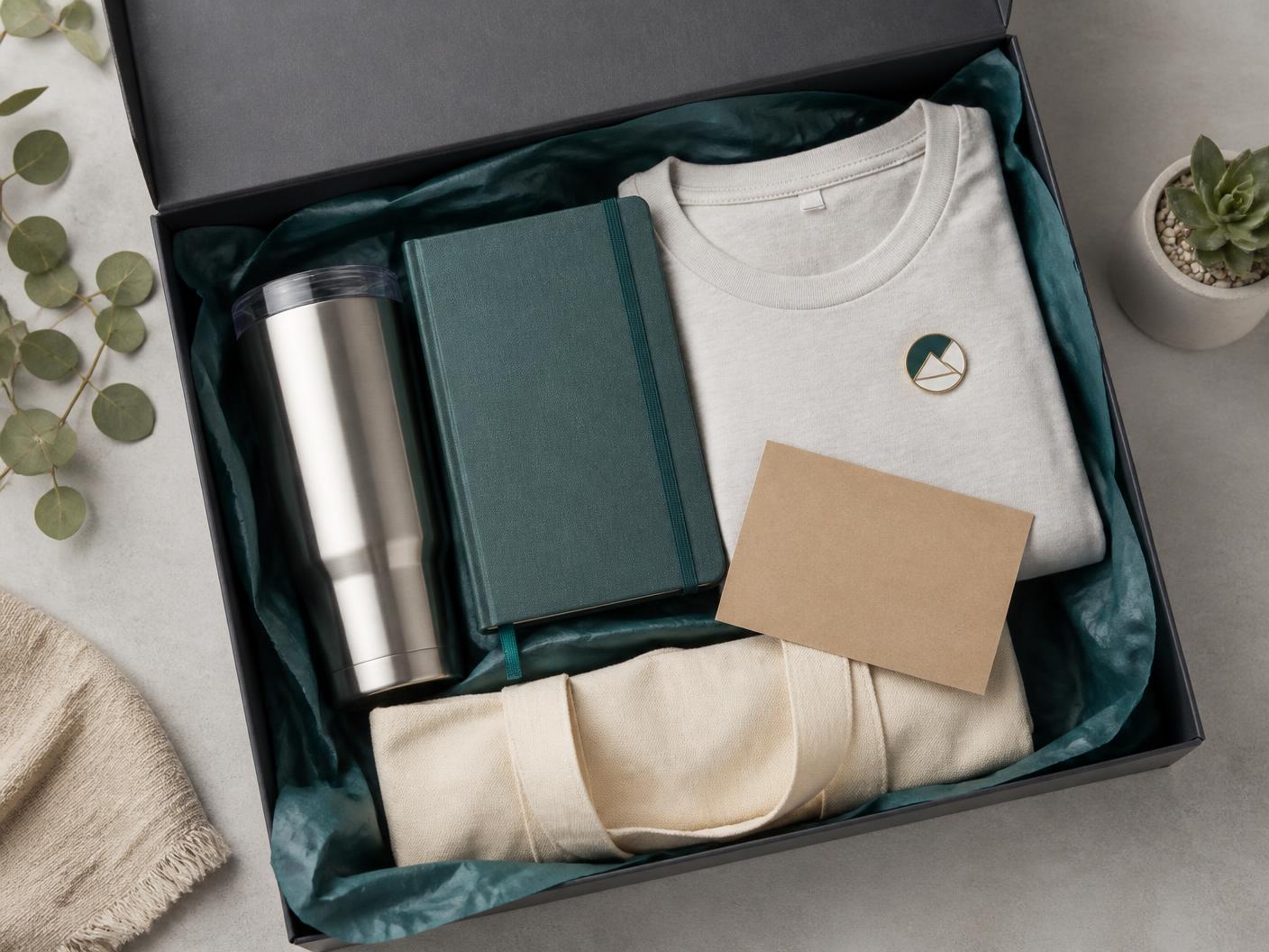 Open employee welcome kit with stainless tumbler, journal, folded tee, tote and enclosure card