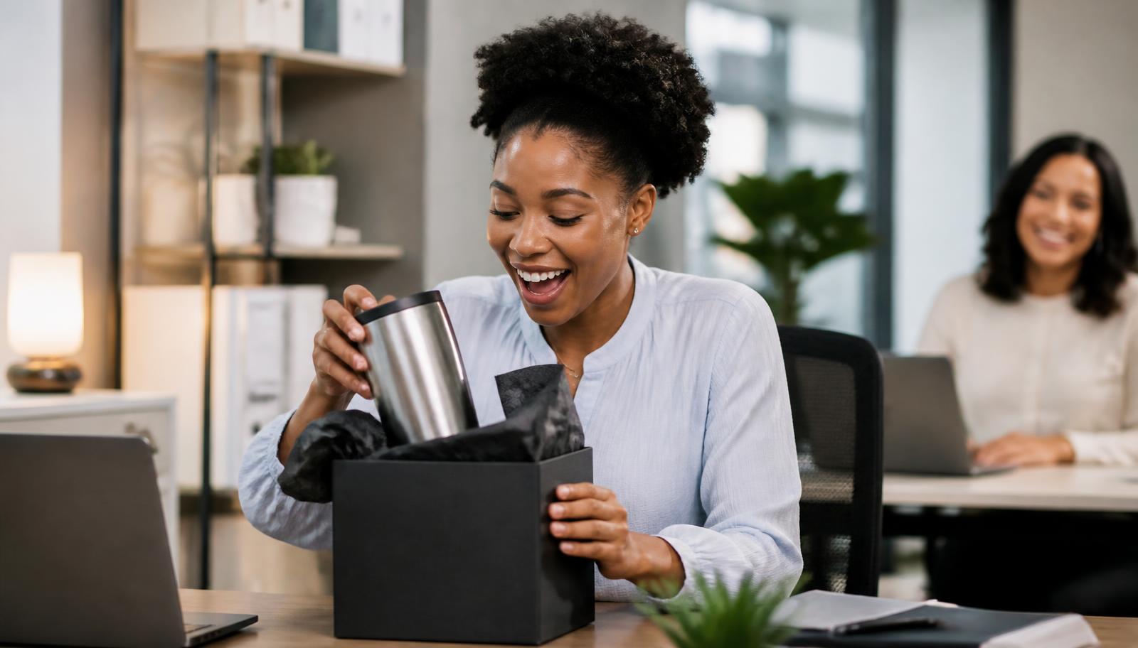 Employee at her desk smiling as she lifts a tumbler out of a branded gift box