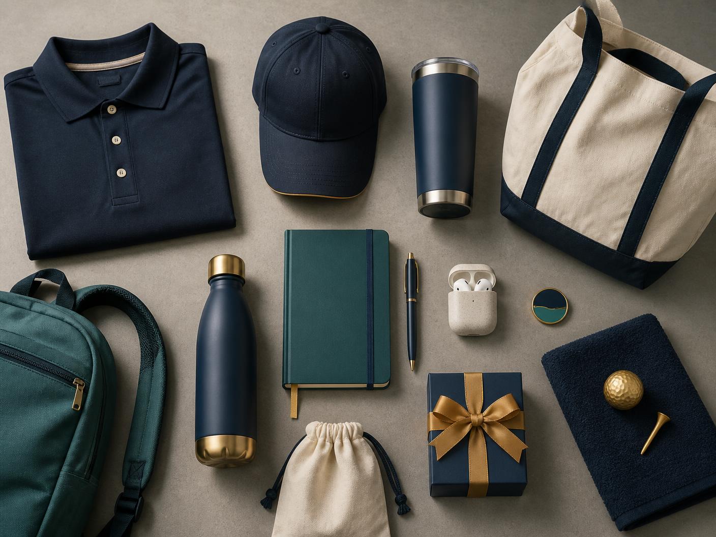 Overhead spread of promotional products: polo, cap, tumbler, tote, backpack, bottle, notebook, pen, earbuds, pin, gift box, golf ball and towel